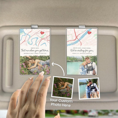 Custom watercolor portraits style design, the Personalized Couple Map Car Visor Clip is a stylish car visor photo holder.