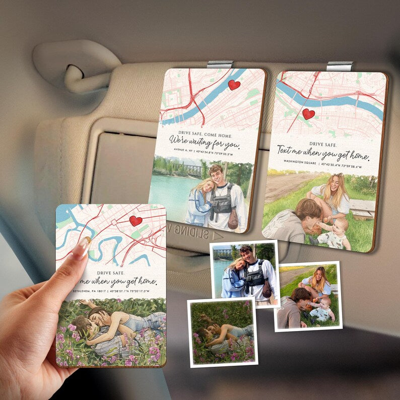 An elegant car visor picture frame, the Personalized Couple Map Car Visor Clip is a unique personalized map gift.