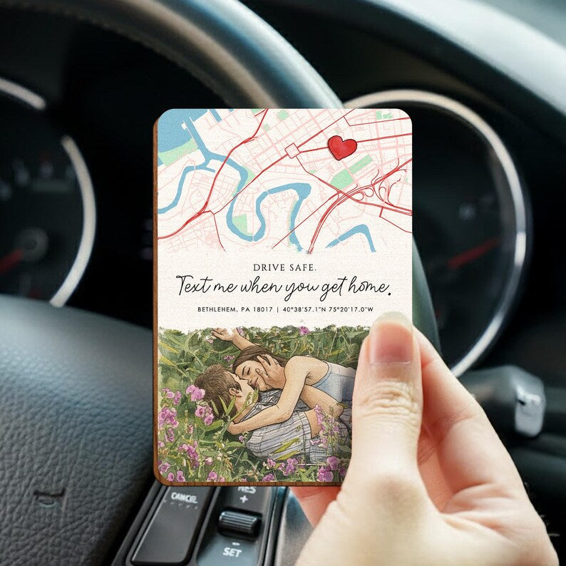 A romantic rear view mirror accessory, this Personalized Couple Map Car Visor Clip is a perfect way to remember where you met.