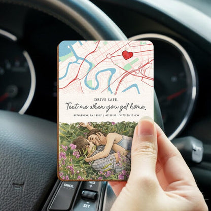 A romantic rear view mirror accessory, this Personalized Couple Map Car Visor Clip is a perfect way to remember where you met.