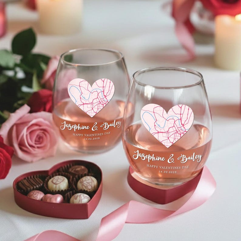 This custom wine glass featuring a personalized map is an ideal couple Valentine's gift and romantic keepsake.