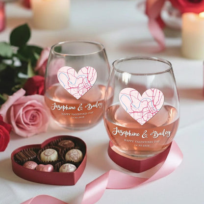 This custom wine glass featuring a personalized map is an ideal couple Valentine's gift and romantic keepsake.