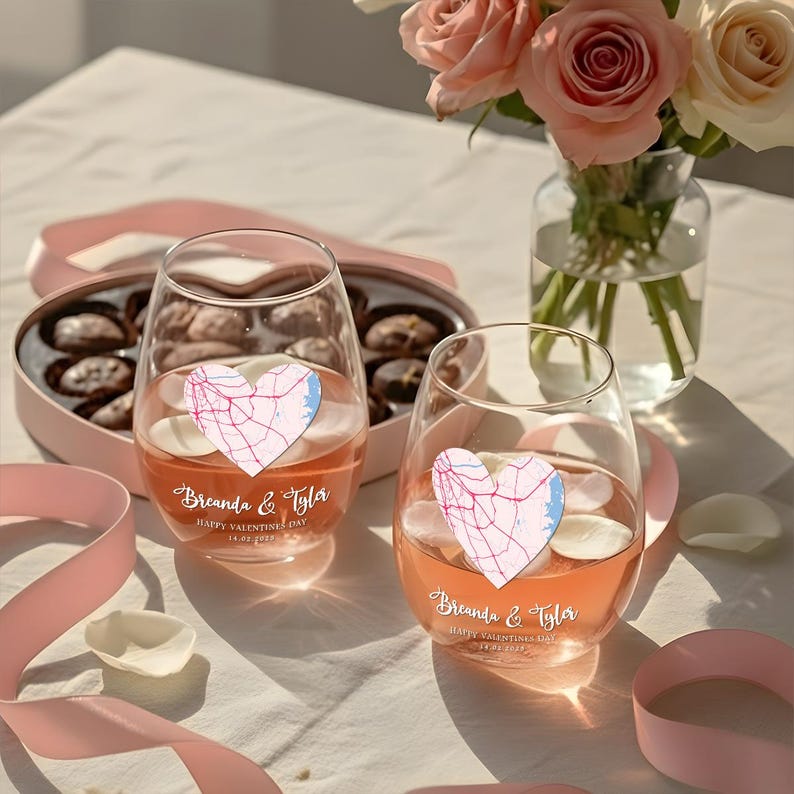 A close-up of the Personalized Couple Map Wine Glass, showing the custom printed glassware and map detail.