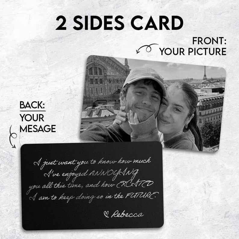 A close-up of a personalized metal wallet card, the Personalized Couple Photo Metal Wallet Card is a romantic handwritten gift style.