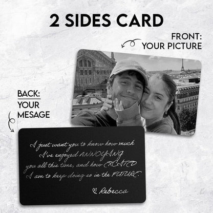 A close-up of a personalized metal wallet card, the Personalized Couple Photo Metal Wallet Card is a romantic handwritten gift style.