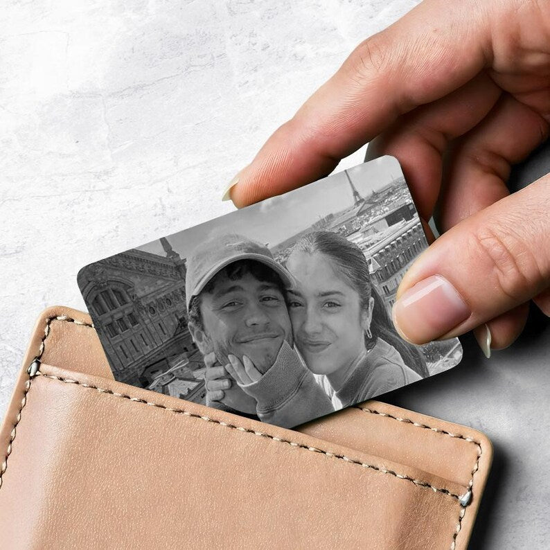 Custom metal wallet card, the Personalized Couple Photo Metal Wallet Card is a beautiful example of personalized handwritten gifts.