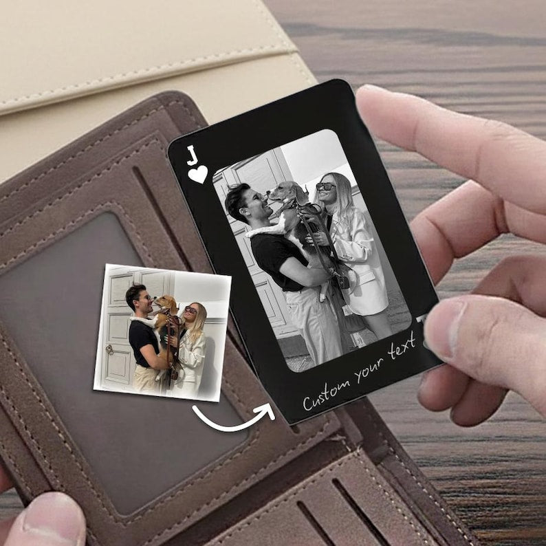 An elegant personalized metal wallet card, the Personalized Couple Photo Wallet Insert Card is a unique personalized gift for him.