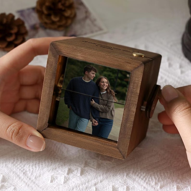 A unique anniversary flipbook, the Personalized Wooden Flipbook with Light is a beautiful couple Valentine's gift.