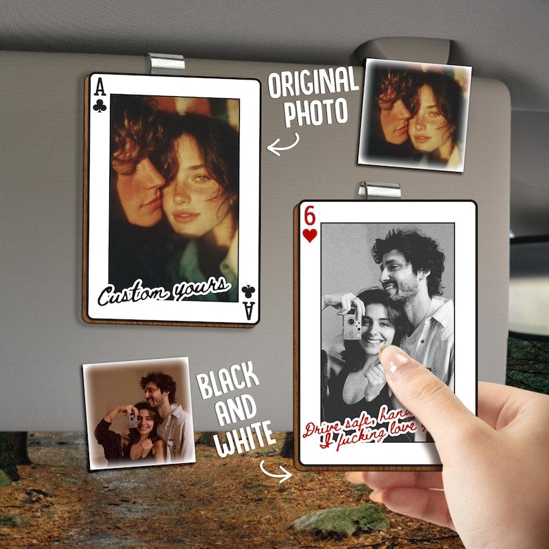 Personalized Couple Playing Card Photo Rear View Mirror Hanger