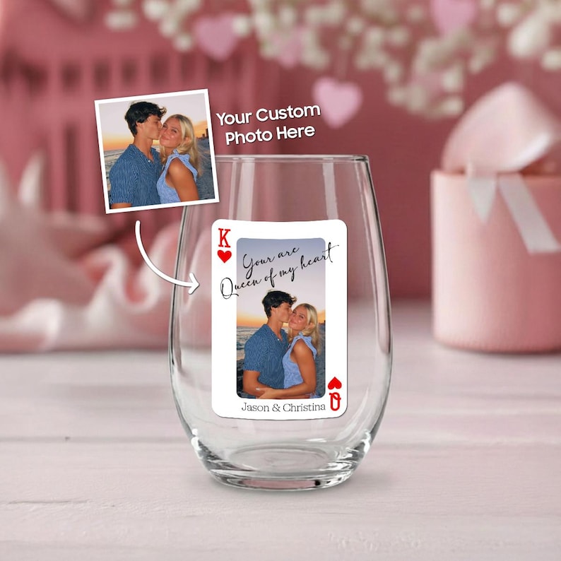 Personalized Couple Playing Card Wine Glass, a unique King and Queen wine glass set and perfect Valentine's day wine glass.