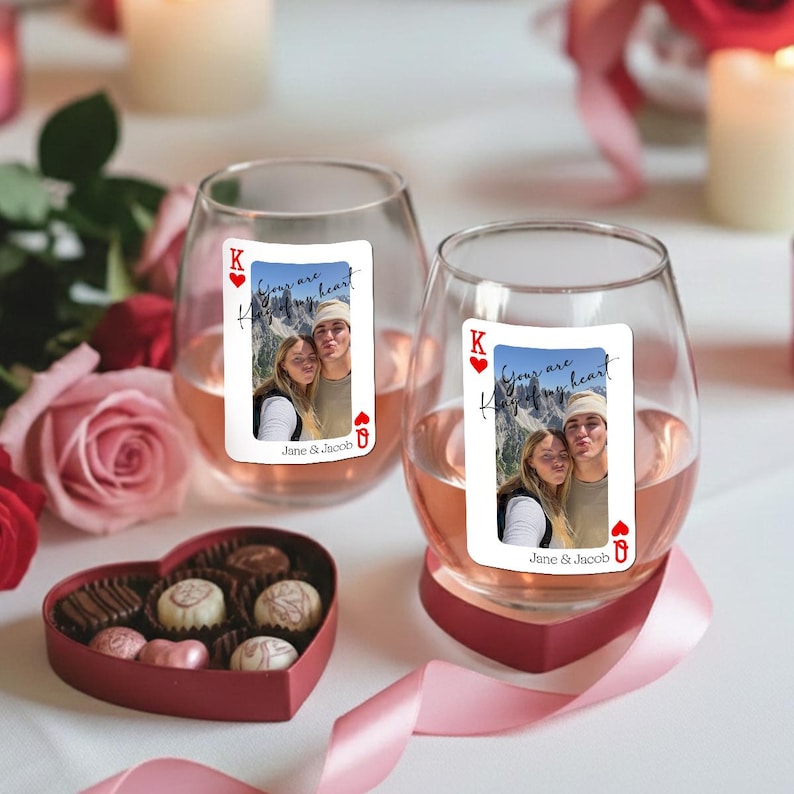 This custom wine glass featuring personalized playing cards is an ideal couple Valentine's gift and romantic keepsake.