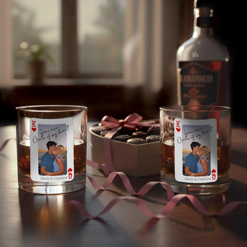 A close-up of the Personalized Couple Playing Card Wine Glass, showing the custom printed glassware and playing card detail.
