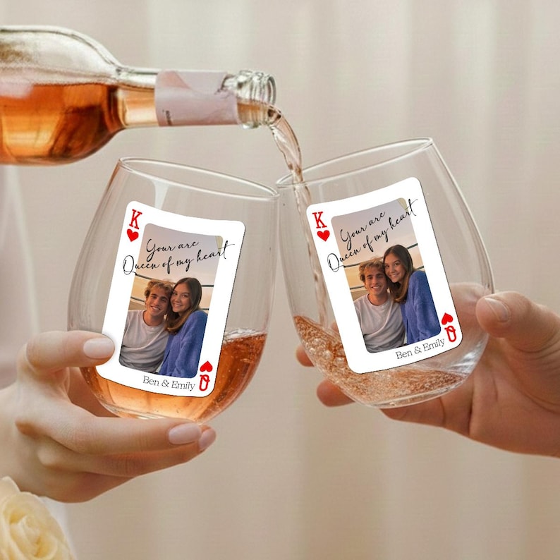 The perfect Valentine's gift for him, this Personalized Couple Playing Card Wine Glass is a creative custom wine glass.