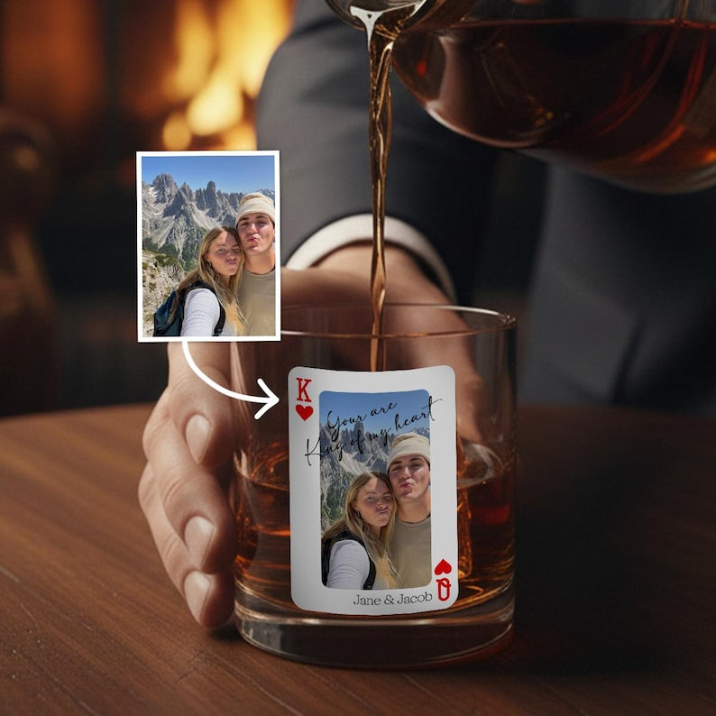 Custom printed glassware, the Personalized Couple Playing Card Wine Glass is a fun way to celebrate your unique bond.