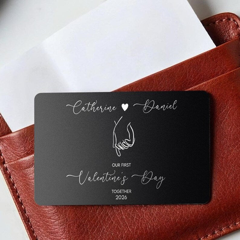 The perfect Valentine's gift for him, this Personalized Couple Portrait Wallet Card is a meaningful custom metal wallet card.