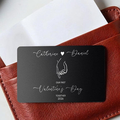 The perfect Valentine's gift for him, this Personalized Couple Portrait Wallet Card is a meaningful custom metal wallet card.