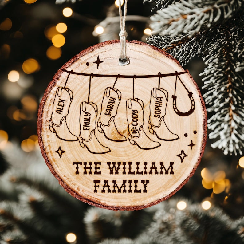 A Personalized Cowboy Christmas Wooden Ornament, a unique family ornament and a great cowboy gift for the holidays.