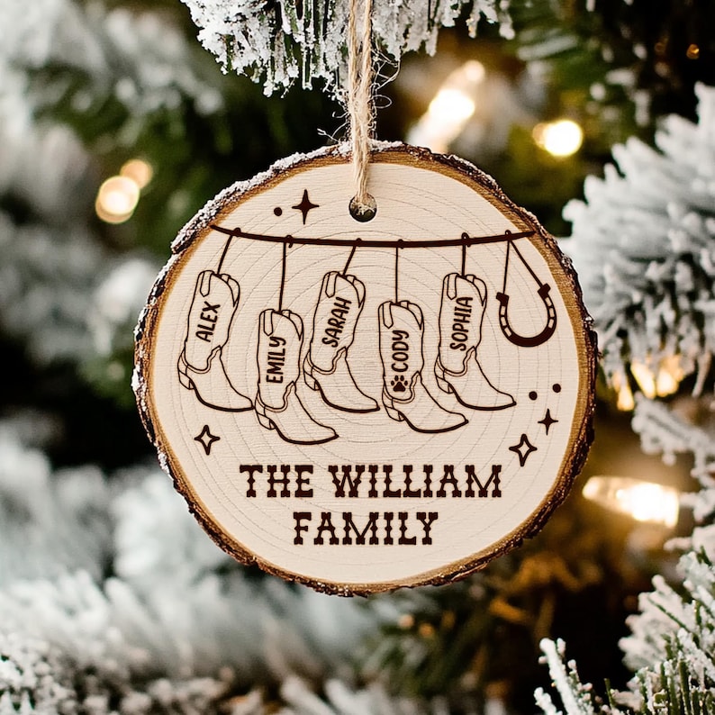 This personalized wooden ornament, a Personalized Cowboy Christmas Wooden Ornament, can be customized as a family name ornament.
