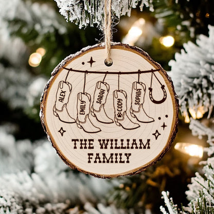 This personalized wooden ornament, a Personalized Cowboy Christmas Wooden Ornament, can be customized as a family name ornament.