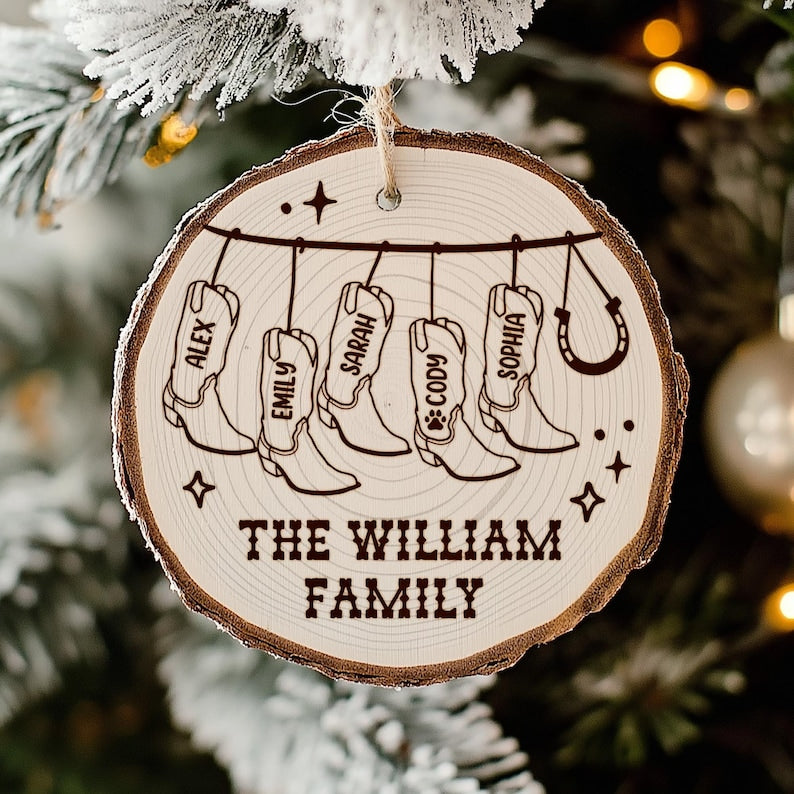 The perfect cowboy gift for Christmas, a custom Personalized Cowboy Christmas Wooden Ornament for the whole family.