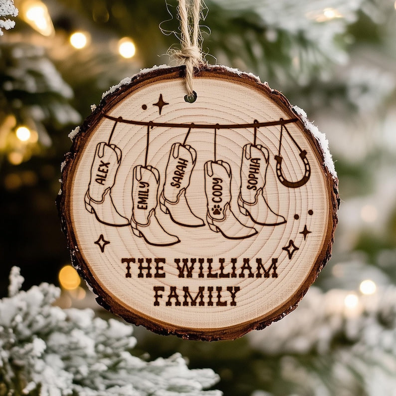 Create a unique family name ornament with our Personalized Cowboy Christmas Wooden Ornament, a rustic personalized wooden ornament.