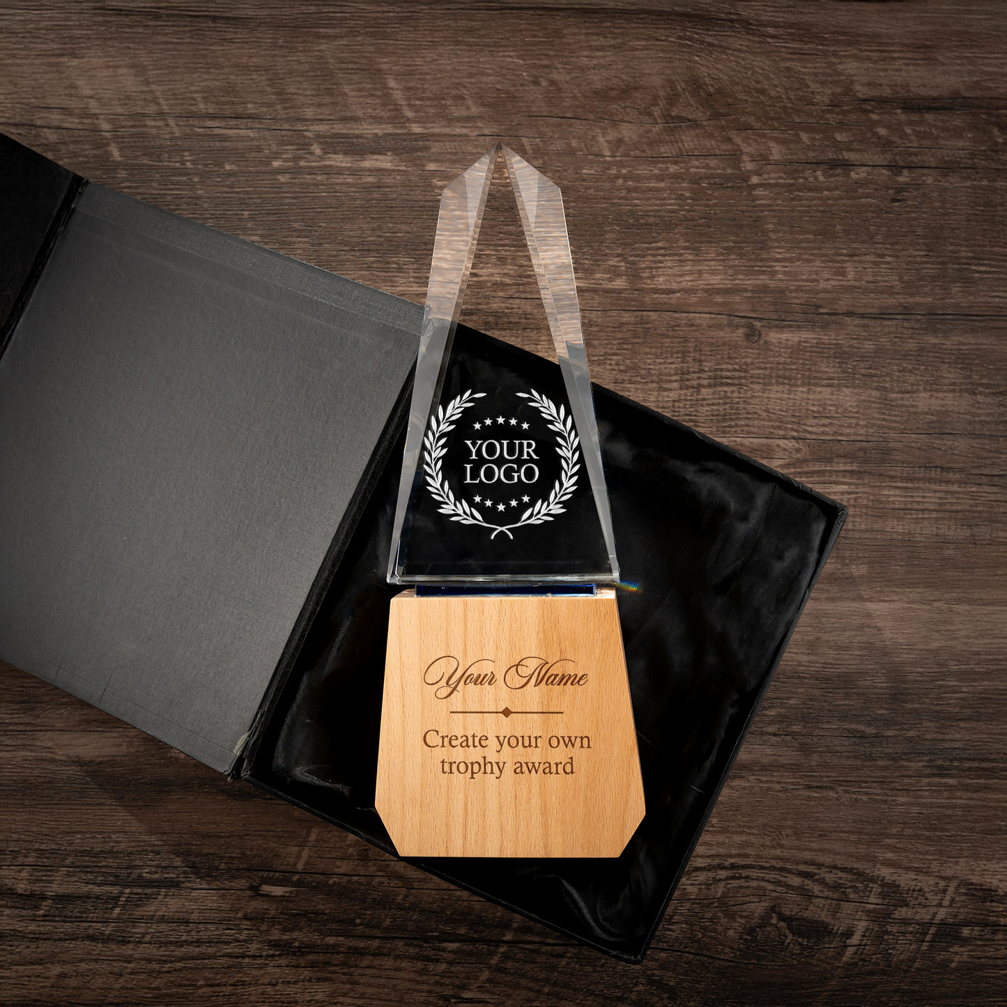 Company logo gifts featuring a Personalized Crystal Award for Business as premium custom logo gifts