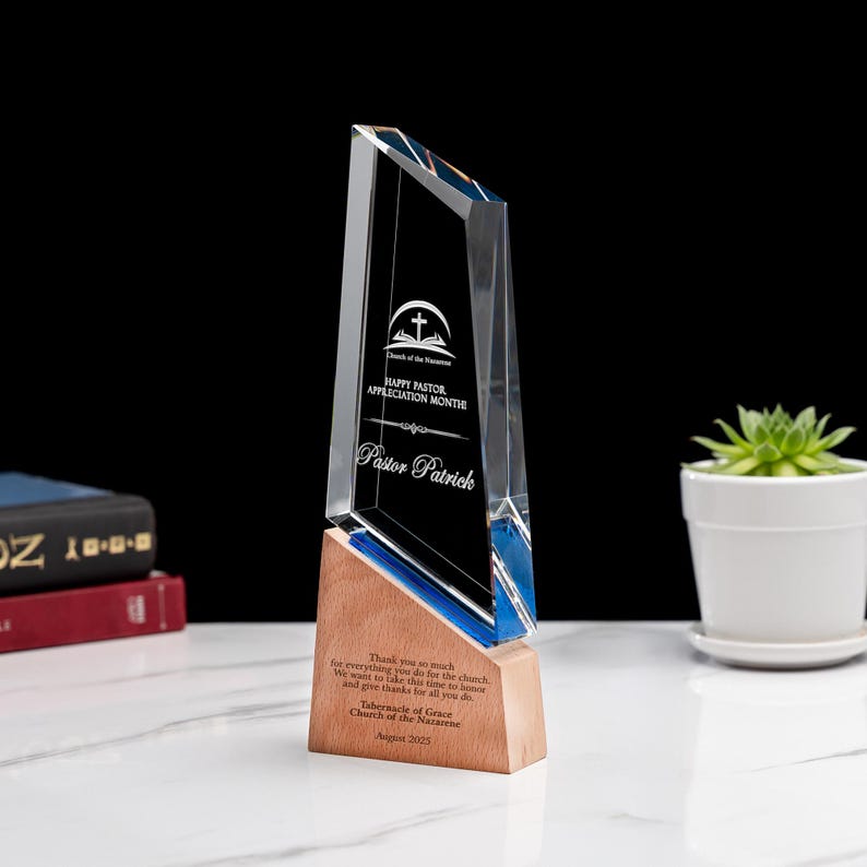 Elegant Personalized Crystal Award for Pastor presented as meaningful christian gifts