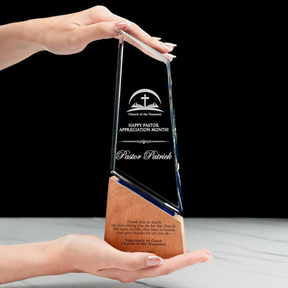 Personalized Crystal Award for Pastor showcased as thoughtful church staff gifts