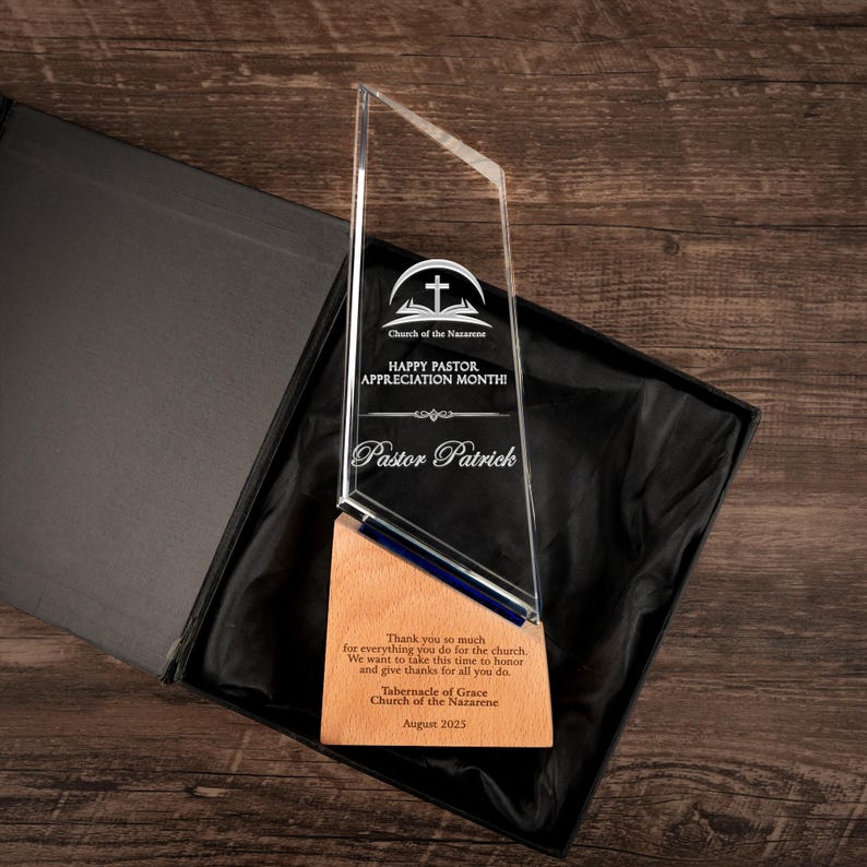 Unique Personalized Crystal Award for Pastor created as ministry appreciation gifts
