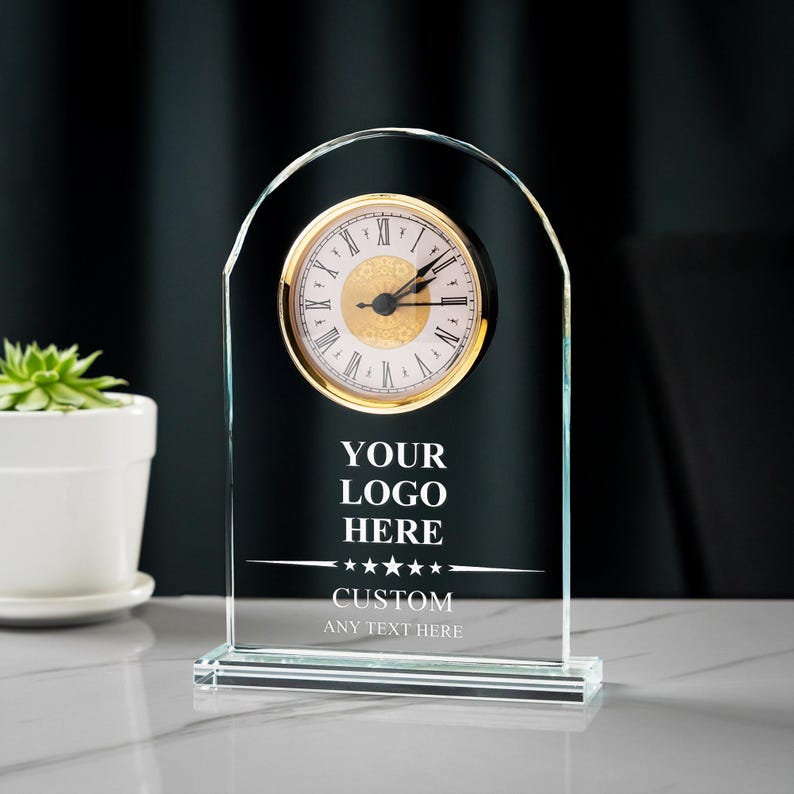 Custom Glass Clock with Text & Logo, a crystal table clock and unique gift for employee appreciation.