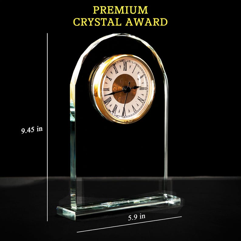 A close-up of the Custom Glass Clock with Text & Logo, showcasing the corporate logo and engraved text.