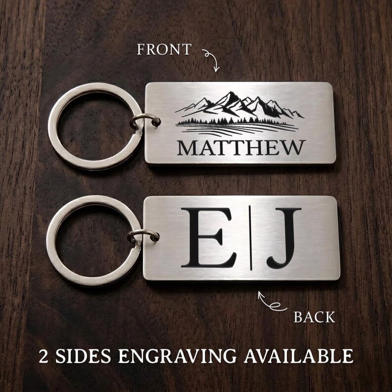 Personalized engraved keychains and custom keychains for Father's Day, featuring a bold dad initial design.