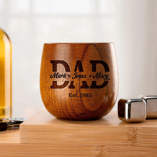 personalized dad & kids names wooden whiskey glass