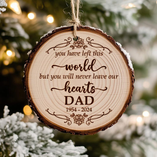 A Personalized Dad Memorial Wooden Ornament, a heartfelt sympathy gift for the loss of a father to hang on the tree.