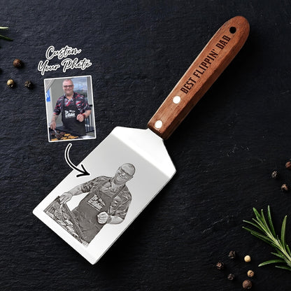 Personalized spatula with wooden handle and engraved dad photo.