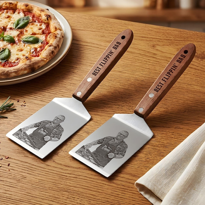Engraved grill spatula and metal spatula, making a great personalized photo gift for dad for Father's Day 2026.