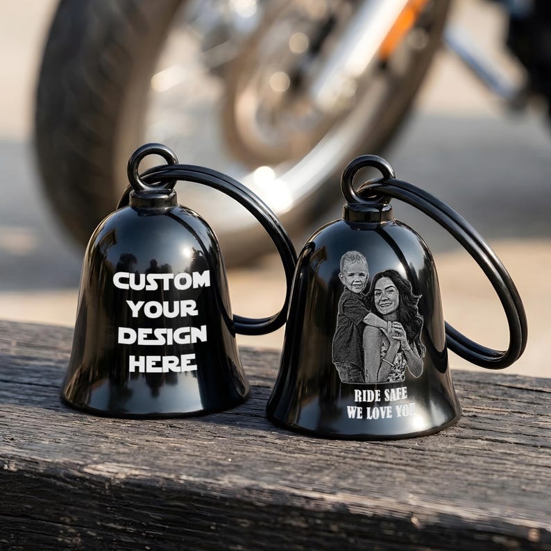 Custom motorcycle bell with the 'Never ride faster than your angel' engraving for added protection.