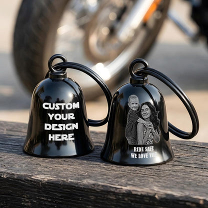Custom motorcycle bell with the 'Never ride faster than your angel' engraving for added protection.