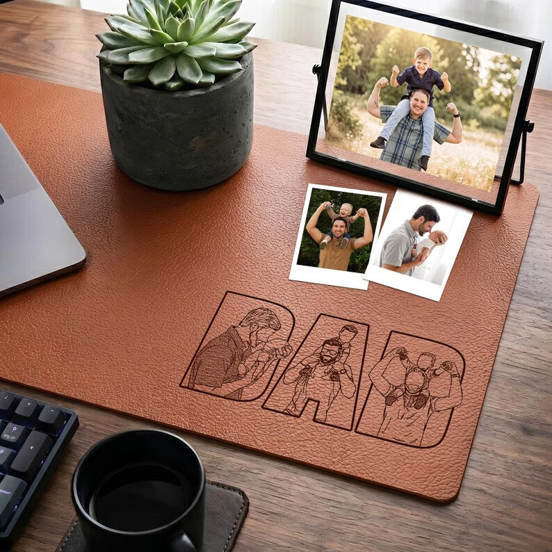 Custom leather desk mat featuring family photo gifts, making a perfect engraved Father's Day gift for husband.