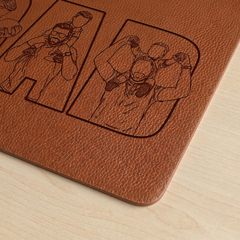 Personalized leather mouse pad and custom keyboard mat combo, serving as a sentimental dad mouse mat.