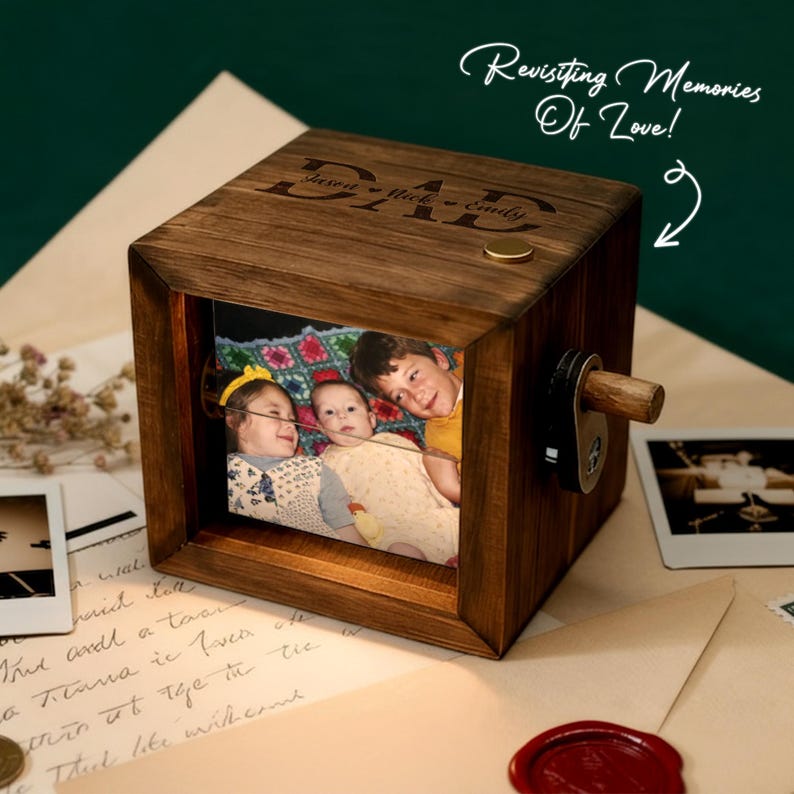 Personalized dad photo wooden flipbook with light, a unique custom flipbook gift for dad from kids.