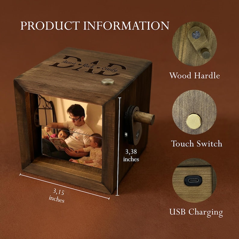 Custom photo box and wooden flipbook with light, making a great personalized photo gift for dad.