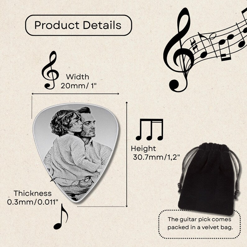 High-quality engraved guitar picks, ideal for those seeking a premium personalized photo gift.