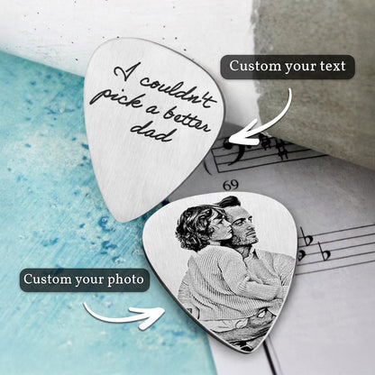 Durable laser engraved guitar pick, providing a professional way to showcase family portraits.