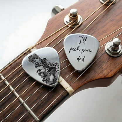 Customized guitar plectrum with a family picture, perfect for a dad who plays or collects picks.