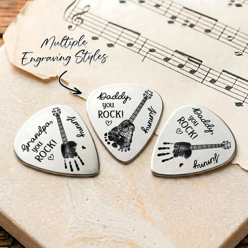 Durable laser engraved guitar pick, providing a beautiful way to carry newborn baby handprint memories.