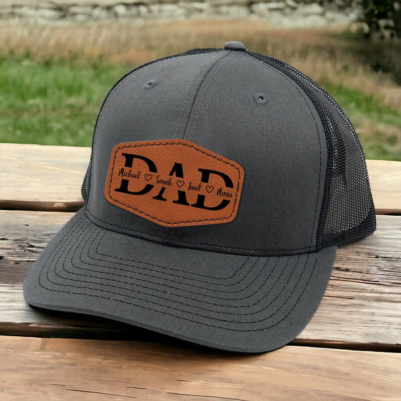 A close-up of the Custom Dad Trucker Hat with Kids Names, a unique personalized gift for trucker dad or Papa.
