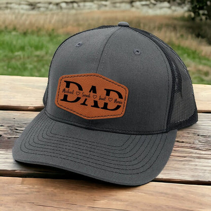 A close-up of the Custom Dad Trucker Hat with Kids Names, a unique personalized gift for trucker dad or Papa.
