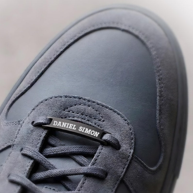 Personalized dad's name shoe tag, a unique custom shoe tag and engraved Father's Day gift for dad.