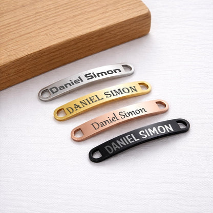Custom shoelace tags in stainless steel, a practical present for a hubby and useful gear for an outdoor runner dad.